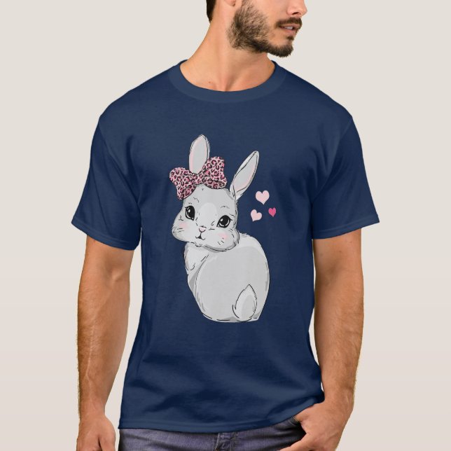 Cute Bunny With Leopard Pattern Pink Bow Heart For T-Shirt (Front)