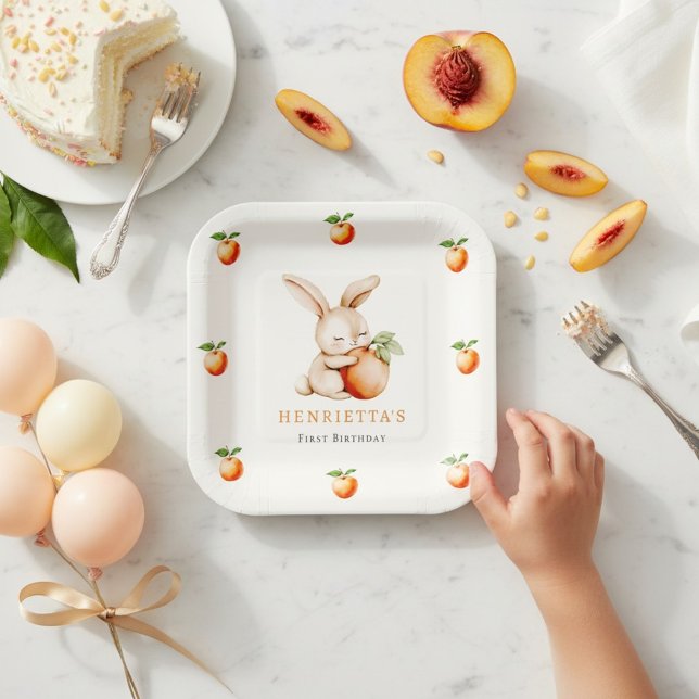 Cute Bunny with Peach First Birthday Paper Plate (Creator Uploaded)