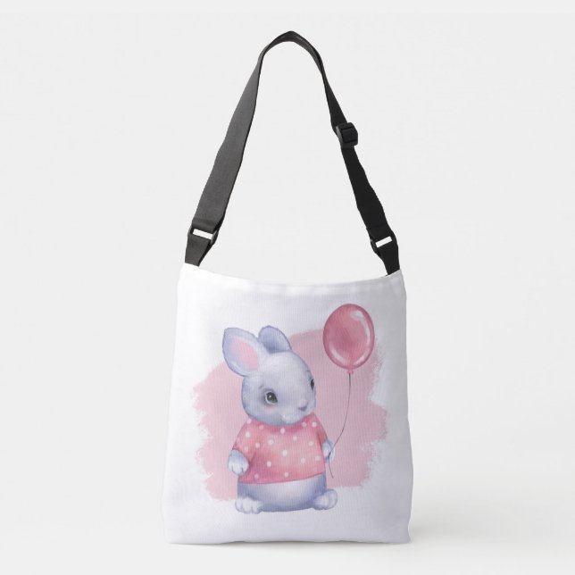 Cute Bunny with Pink Balloon Crossbody Bag (Front)