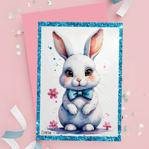 Cute bunny with pink bow birthday invitation