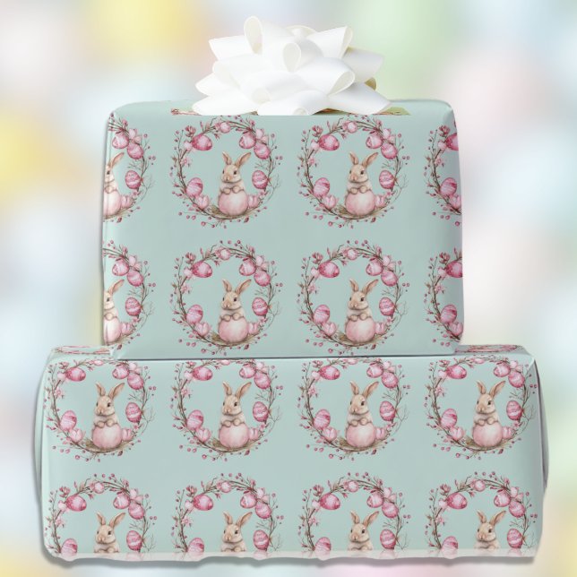 Cute Bunny with Pink Easter Eggs and Wreaths Wrapping Paper (Creator Uploaded)