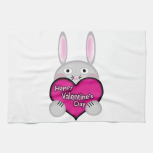 Cute Bunny with Pink Valentines Day Heart Tea Towel