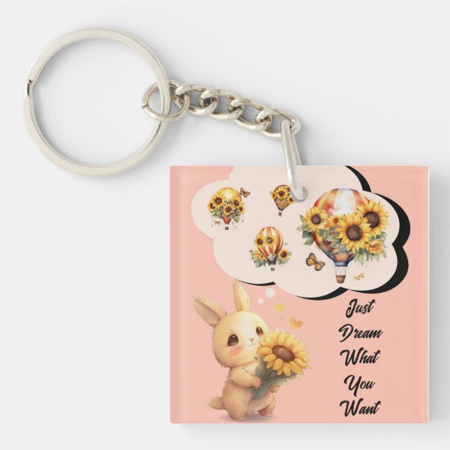 Cute Bunny With Sunflower Acrylic Keychain (Front)