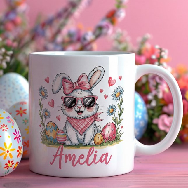 Cute Bunny with Sunglasses Custom Name Easter Gift Coffee Mug (Creator Uploaded)