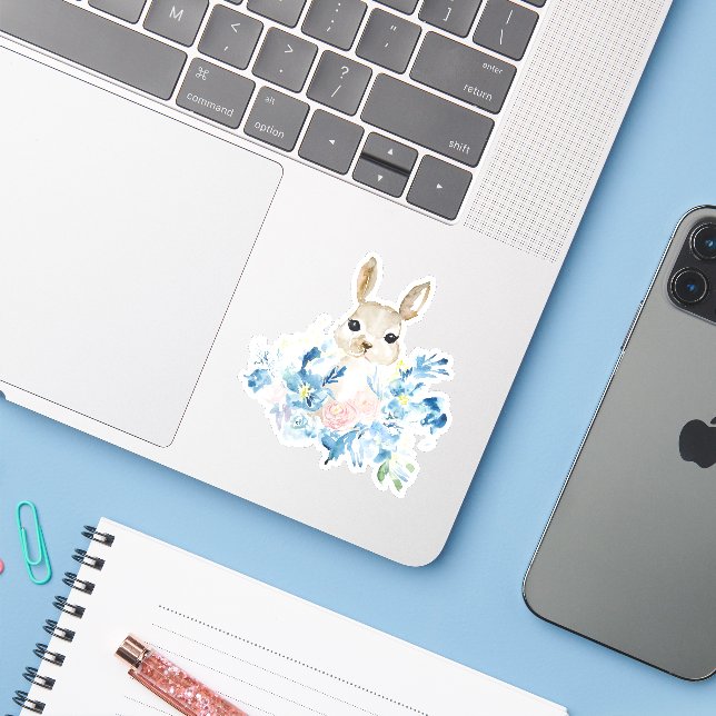Cute Bunny with watercolor flowers  (Laptop w/ iPhone)