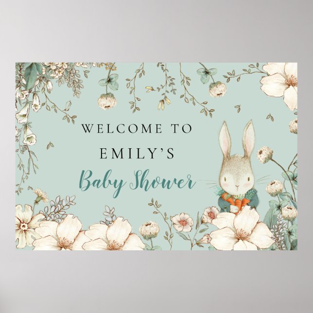 Cute Bunny Woodland Boy Welcome Baby Shower  Sign (Front)