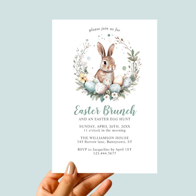 Cute Bunny Wreath Easter Brunch Egg Hunt  Invitation (See the collection for matching items)