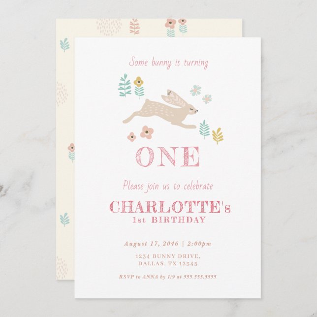 Cute Bunny Yellow Floral Kid Girl First Birthday  Invitation (Front/Back)