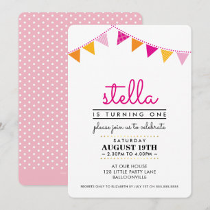 CUTE BUNTING 1ST birthday party INVITE pink orange