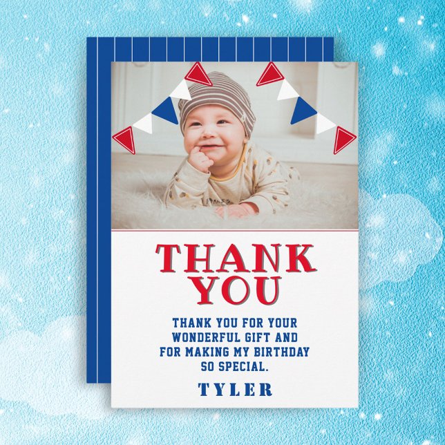 Cute Bunting Flags Red Blue Kids Photo Birthday Thank You Card (Creator Uploaded)