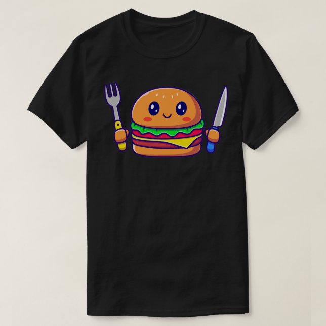 Cute Burger Holding Knife And Fork T-Shirt (Design Front)