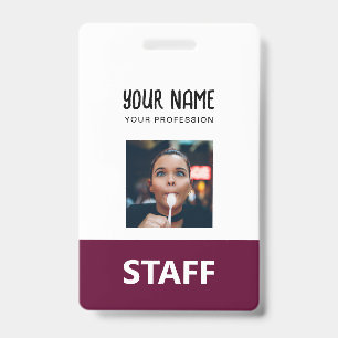 Cute Burgundy Employee Name Photo Staff Tag ID Badge