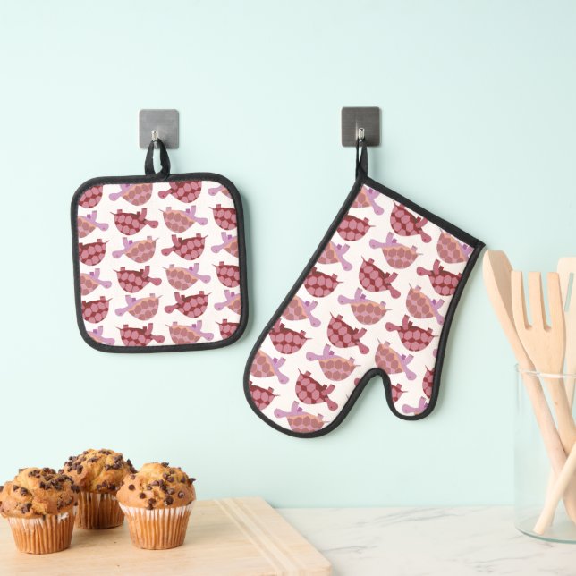 Cute Burgundy Illustrated Tortoise Pattern Oven Mitt & Pot Holder Set (Insitu(Hanging))