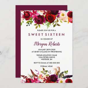 Cute Burgundy Red Floral Sweet 16 Party Invite