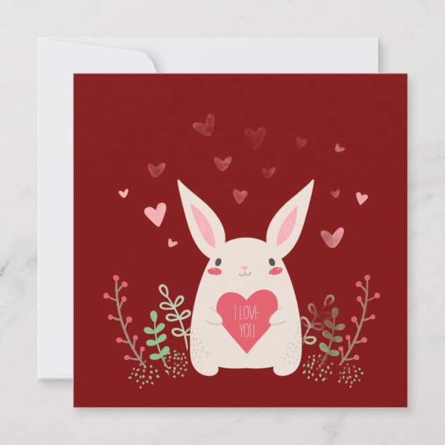 Cute Burgundy Valentine's Day Bunny Holiday Card (Front)