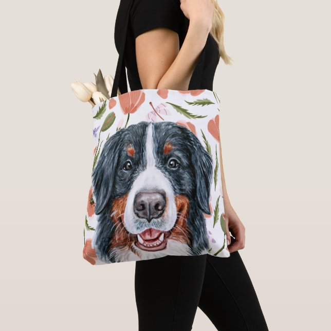 Cute Burmese Mountain Dog Poppy Flower Pattern Tote Bag (Close Up)