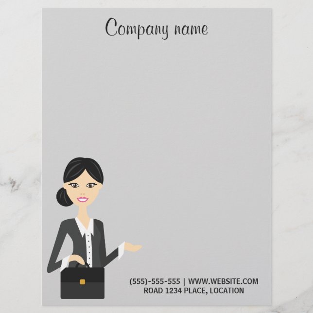Cute Business Woman Illustration With Black Hair Personalized Letterhead (Front)