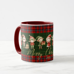 Cute Busy Elves Merry Christmas Green Red Plaids  Mug
