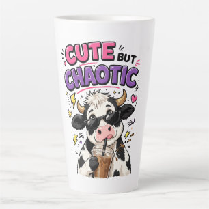 Cute but chaotic cow with iced coffee latte mug