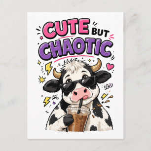 Cute but chaotic cow with iced coffee postcard