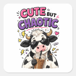 Cute but chaotic cow with iced coffee square sticker