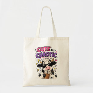 Cute but chaotic cow with iced coffee tote bag