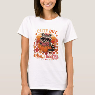 Cute But Feral And Bookish Racoon Pumpkin Reading T-Shirt