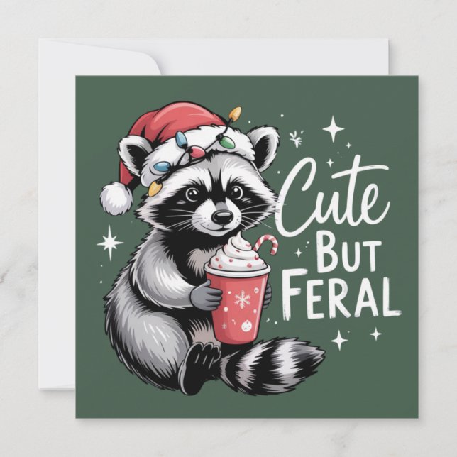 Cute But Feral Christmas Raccoon Funny Animal Holiday Card (Front)