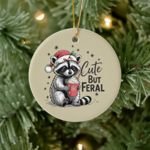 Cute But Feral Christmas Racoon Cute Animal Xmas Ceramic Ornament