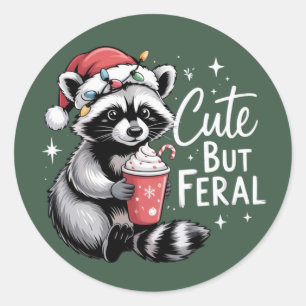 Cute But Feral Christmas Racoon Funny Animal Classic Round Sticker