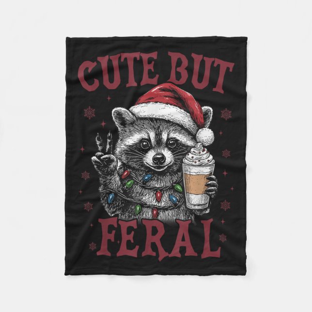 Cute But Feral Funny Racoon Santa Christmas Match Fleece Blanket (Front)