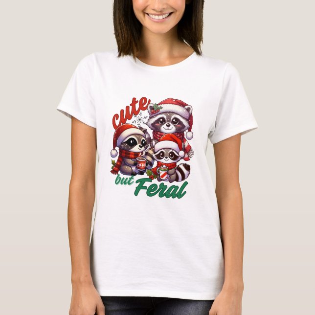 Cute But Feral Racoon Christmas T-Shirt (Front)