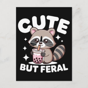 Cute but feral racoon drinking bubble tea cartoon holiday postcard