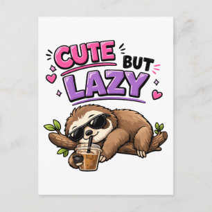 Cute but lazy sloth with iced coffee postcard