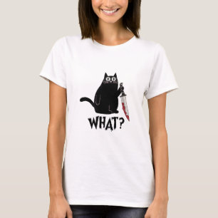 Cute But Psycho Funny Dark Black Cat With Knife  T-Shirt