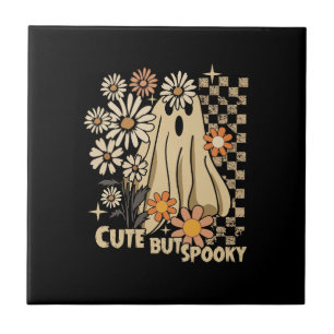 Cute but Spooky Funny Floral Halloween Ghost Check Ceramic Tile