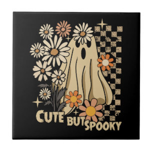 Cute but Spooky Funny Floral Halloween Ghost Check Ceramic Tile