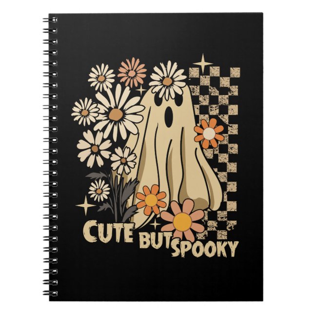Cute but Spooky Funny Floral Halloween Ghost Check Notebook (Front)