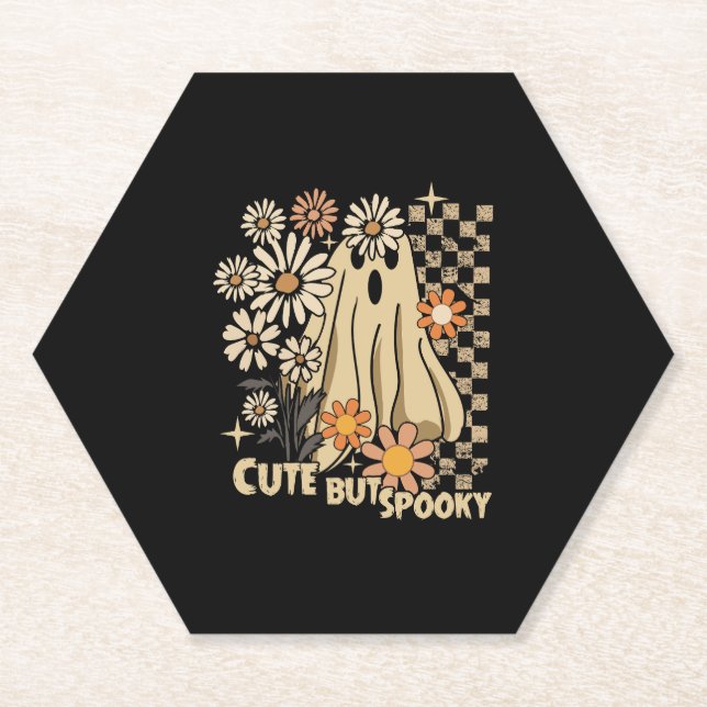Cute but Spooky Funny Floral Halloween Ghost Check Paper Coaster (Front)