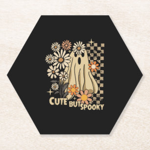Cute but Spooky Funny Floral Halloween Ghost Check Paper Coaster