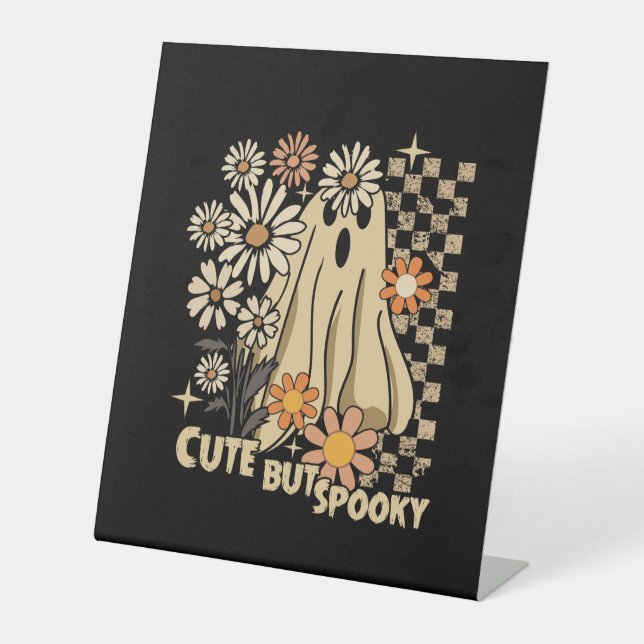 Cute but Spooky Funny Floral Halloween Ghost Check Pedestal Sign (Front)