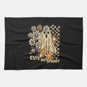 Cute but Spooky Funny Floral Halloween Ghost Check Tea Towel