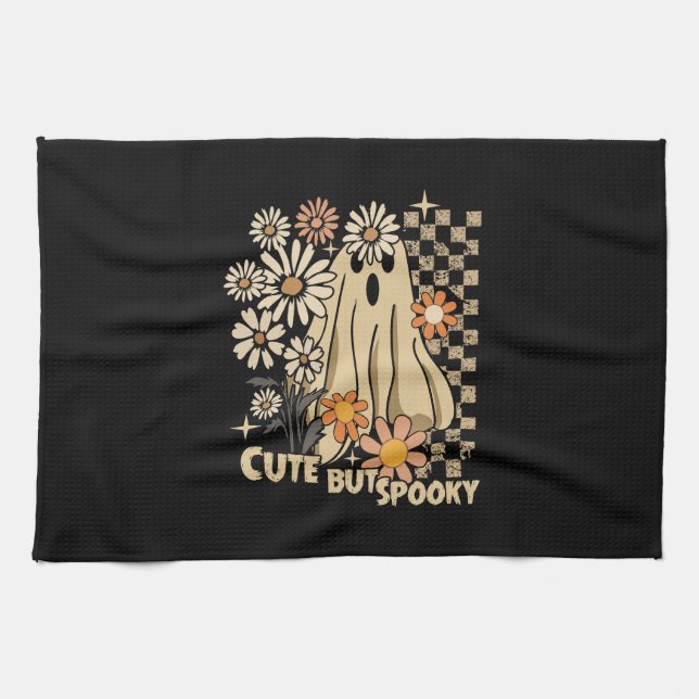 Cute but Spooky Funny Floral Halloween Ghost Check Tea Towel (Horizontal)