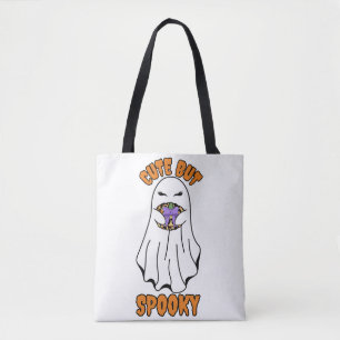 Cute but Spooky Halloween Ghost Holding a Pumpkin Tote Bag