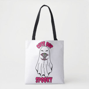 Cute but Spooky Halloween Ghost Holding a Pumpkin Tote Bag