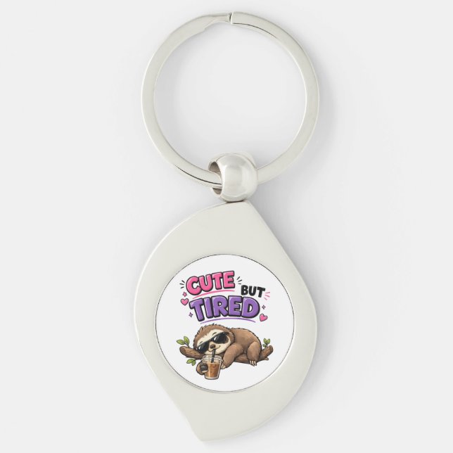 Cute but tired sloth with iced coffee key ring (Front)