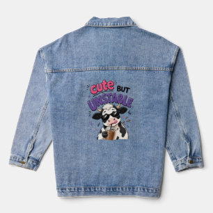 Cute but unstable cow with iced coffee denim jacket