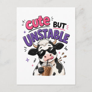 Cute but unstable cow with iced coffee postcard