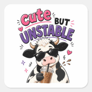 Cute but unstable cow with iced coffee square sticker