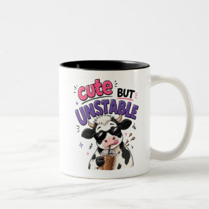 Cute but unstable cow with iced coffee Two-Tone coffee mug